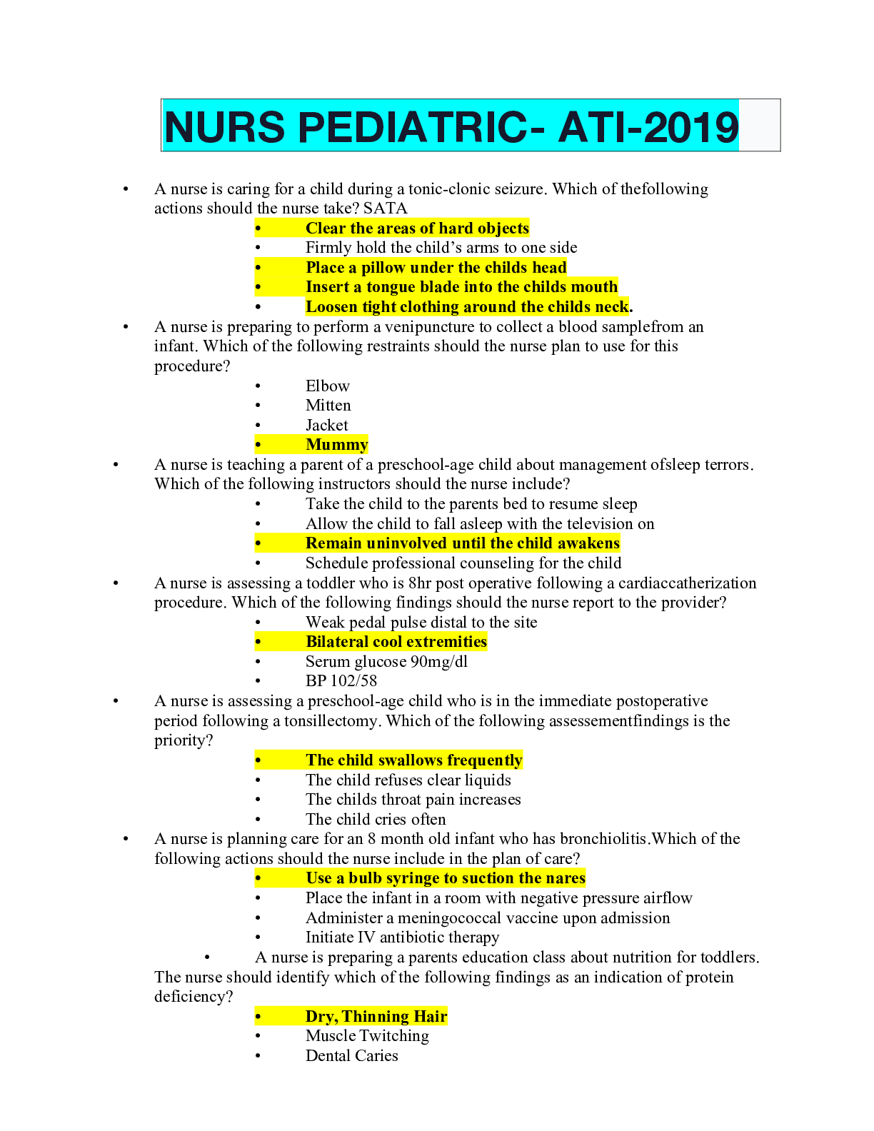 Preview of NURS PEDIATRIC- ATI-2019